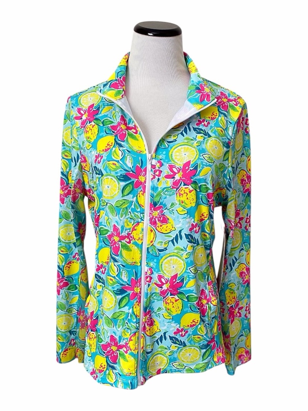 Gottex Athletic Lightweight Jacket Sz L Yellow Blue Lemon Floral